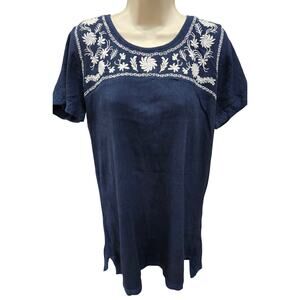 Garnet Hill Dress Tunic Cotton L navy blue embroidered boho guaze cottagecore
